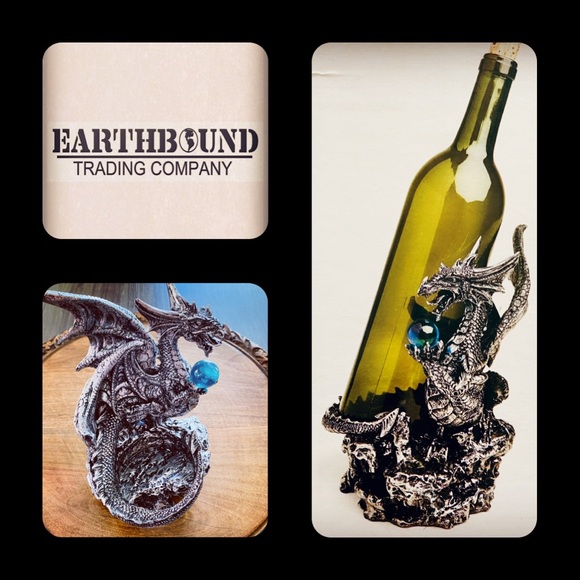 🪶3/$50 New! EARTHBOUND Hand Painted Silver Dragon Wine Holder w/ Crystal Ball - Picture 3 of 16